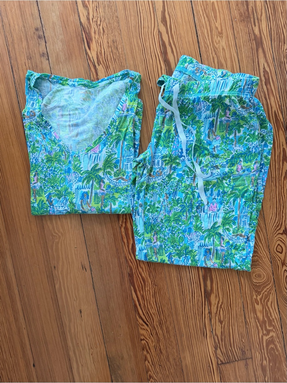 Lilly Pulitzer Green Turquoise Tennis Print Pajamas Long Sleeve Pants Set Small
